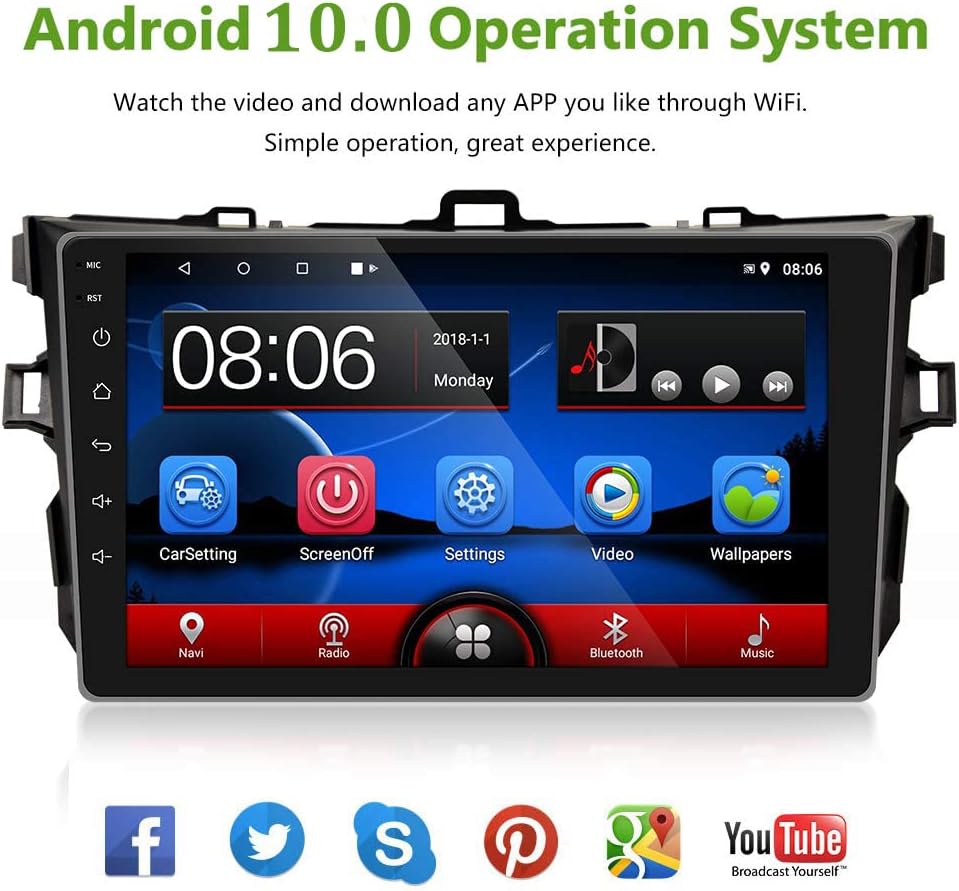 UNITOPSCI Car Stereo Android 8.1 Navigation Stereo for Toyota Corolla 2009-2012 Double Din Car Radio 9'' HD Touch Screen 1G 16G GPS Navigation WiFi Bluetooth FM Radio USB Mirror Link + Backup Camera