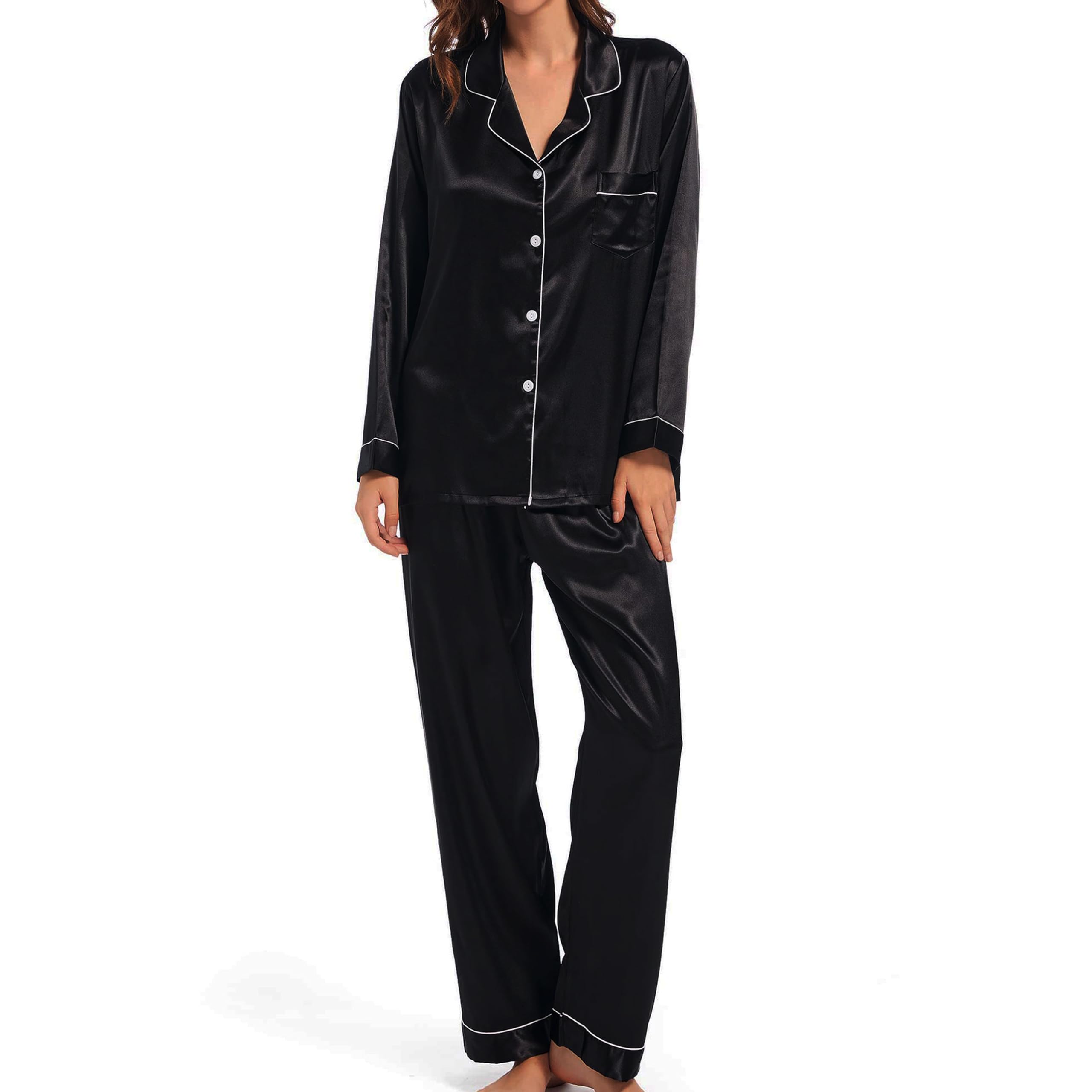 Xuepelit Satin Schlafanzug Damen Langarm Silk Pyjama Set Mit Knopfleiste Zweiteiler Loungewear Lang Elegant NachtwäSche Schlafshirt