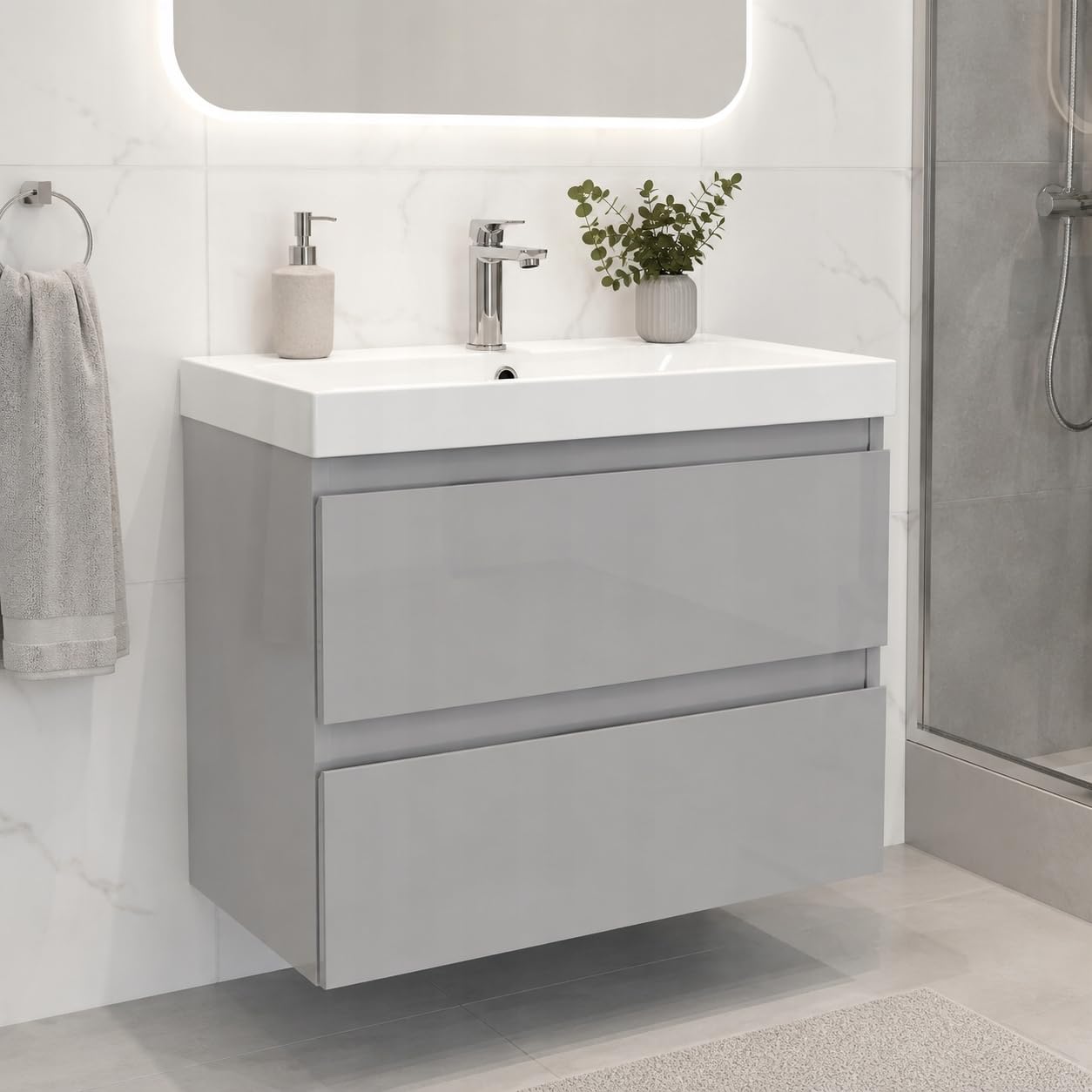 .Deftrans – Umywalka z szafką pod umywalkę 60 cm, szara, wysoki połysk – nowoczesna umywalka z szafką pod umywalkę ceramiczną – zestaw mebli łazienkowych kompaktowy