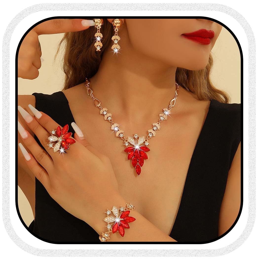 Gold Red Rhinestone Jewelry Sets Bridal Statement Necklace Dangle Bracelet Earring Set Costume Jewelry for women