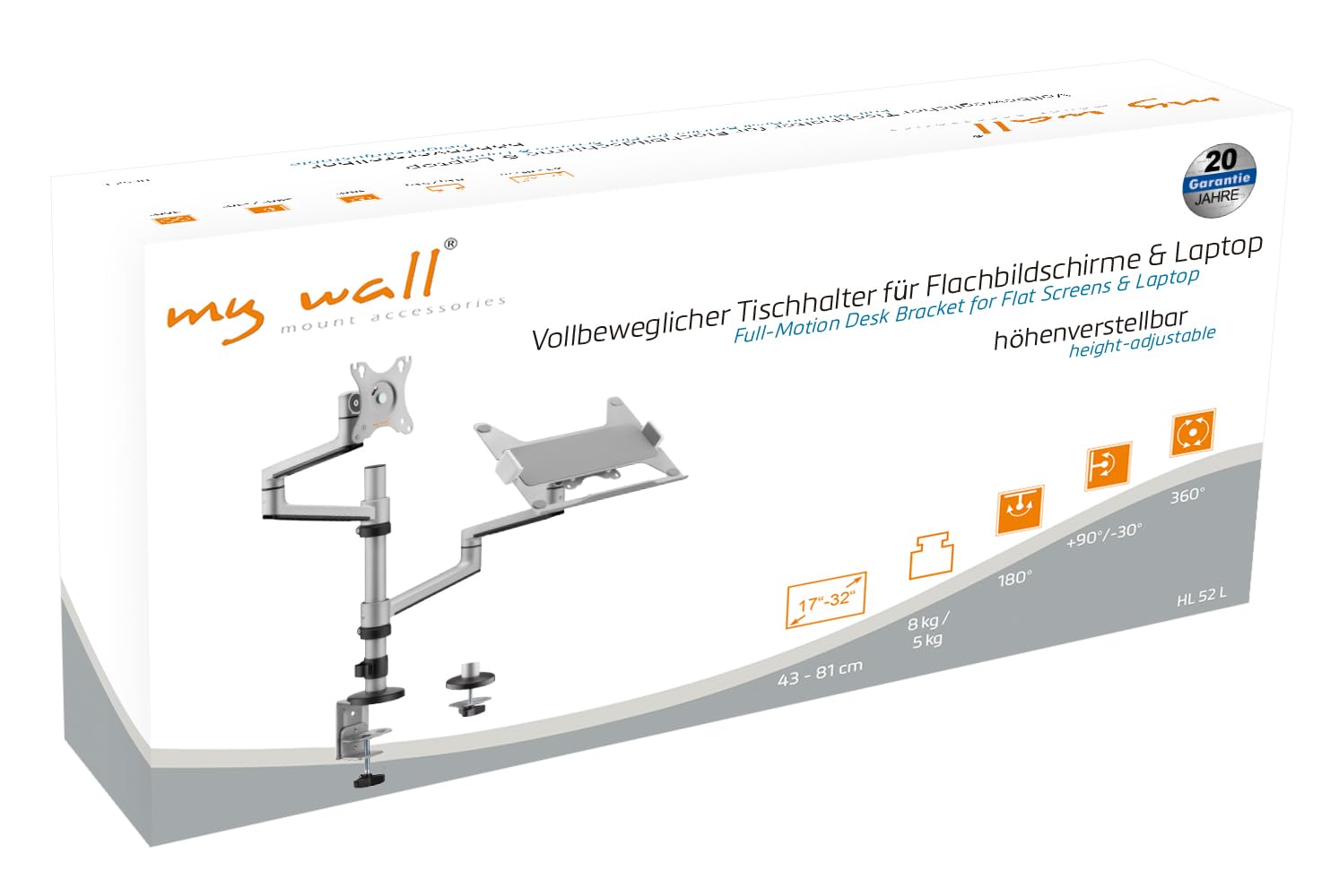 myWall HL52L - Supporto da tavolo per monitor da 43,2 cm (17) - 81,3 cm (32) Argento Regolazione altezza, girevole, per notebook