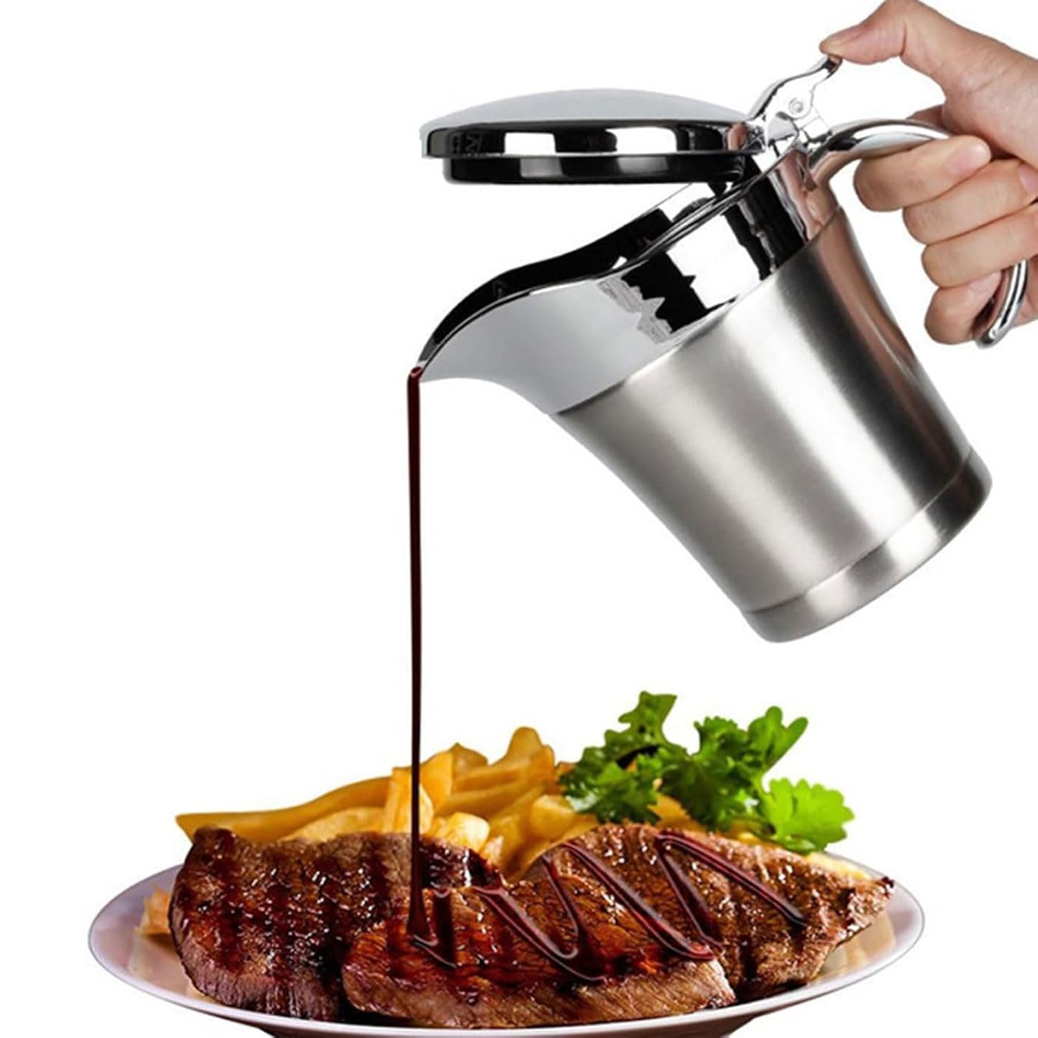 Double-Walled Insulated Gravy Boat 450ml, Stainless Steel Jug with Lid