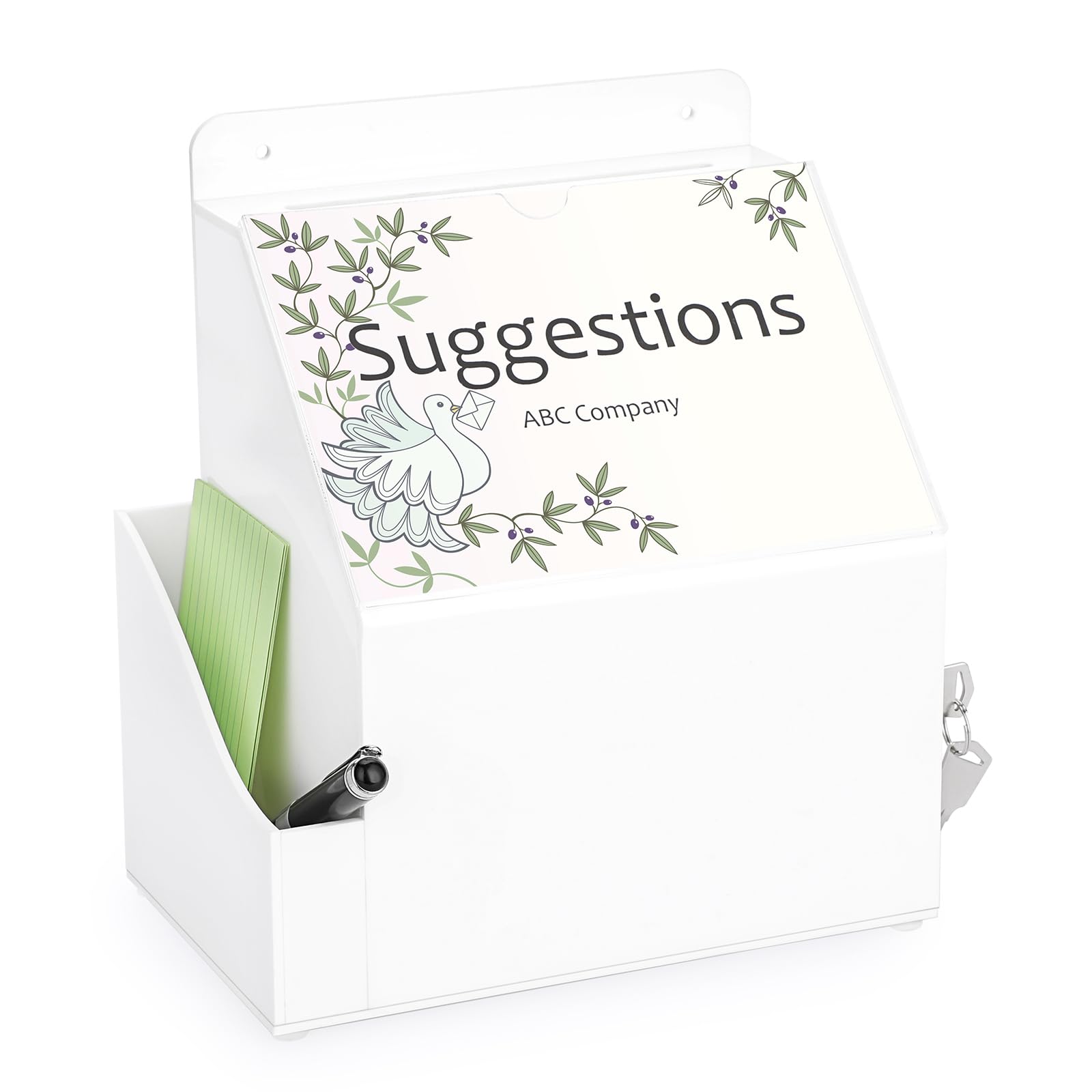 BTSKY Acrylic Suggestion Box with Lock Wall Mounted Acrylic Donation Box with 5"x7" Sign Slot Office Ballot Boxes with Side-Pocket Collection Boxes for Voting Locking Suggestion Mailbox, White