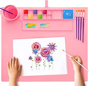 Silicone Painting Mat for Table Protection, 20"x16" Non-Slip Silicone Craft Art Mat with Cup and Lid for Painting, DIY, Resin, Clay, Pink