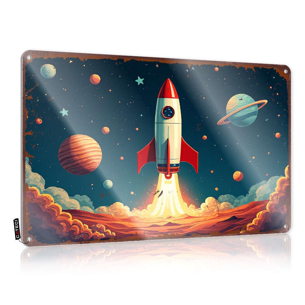 Distressed Tin Metal Decor, Wall Gift For Coworker A Rocket Launches Into Space With Planets Surrounding It. | Farmhouse Basement Bar Decor(30X40CM)