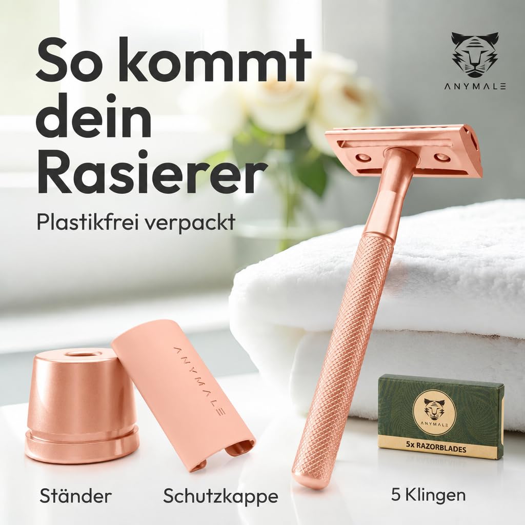 Golarka damska (edycja w kolorze różowego złota) w zestawie 5 x zestaw ostrzy zapasowych i stojak – golarka na mokro i damska golarka (Zero Waste) metalowa z 5 ostrzami – damska golarka i