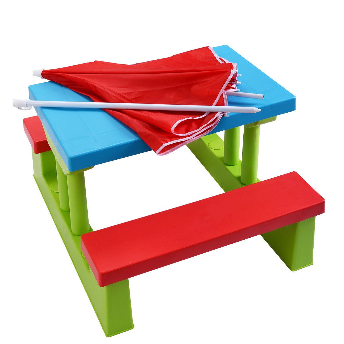 COSTWAY Table de Pique-Nique Enfants avec Parasol Amovible, Salon de Jardin Enfants avec 1 Table et 2 Bancs Colorées, Cadre Solide pour Jardin Terrasse Patio, 107 x 107 x 137 CM