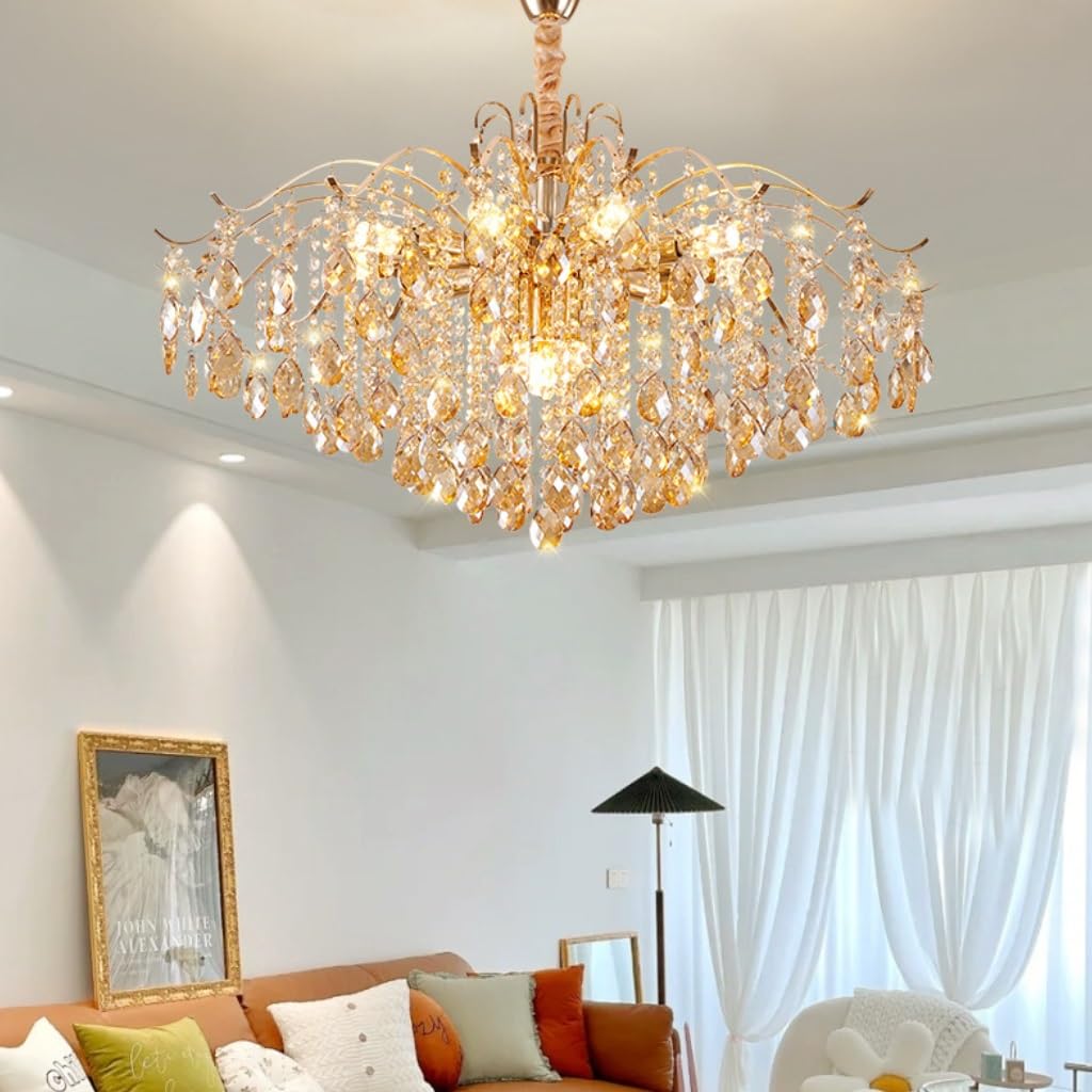 Kristall Gold Kronleuchte Moderne Pendelleuchte, Kristall Lampenschirm Hängelampe Für Lampe Wohnzimmer Esszimmer, Pendellampe Mit E14 Lüster Für Schlafzimmer Küche Villa, Deckenleuchte(80CM)