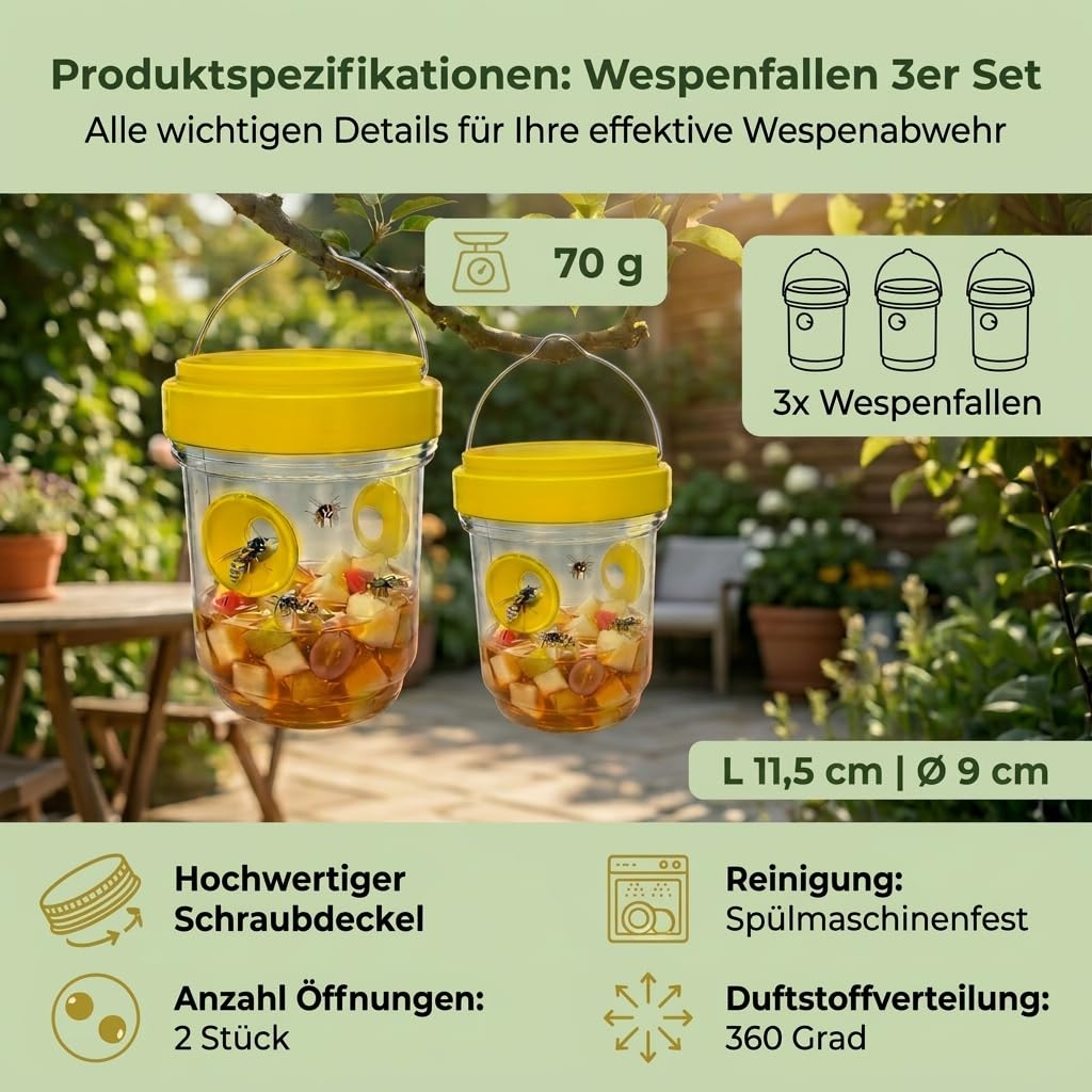 Set di 3 trappole per vespe per vespe, per giardino e balcone, riutilizzabili, senza sostanze chimiche, trappola per insetti contro vespe, per terrazze e esterni
