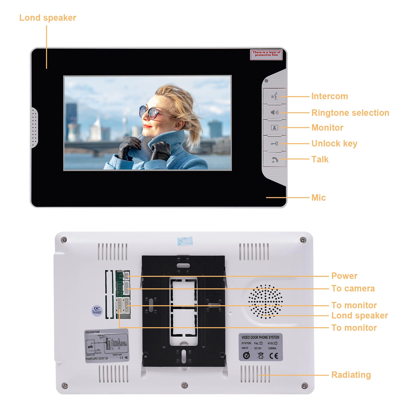 Set citofonico cablato, composto da 1 telecamera e 2 display, dotato di telecamera con visione notturna ad alta definizione e funzionalità audio bidirezionale.