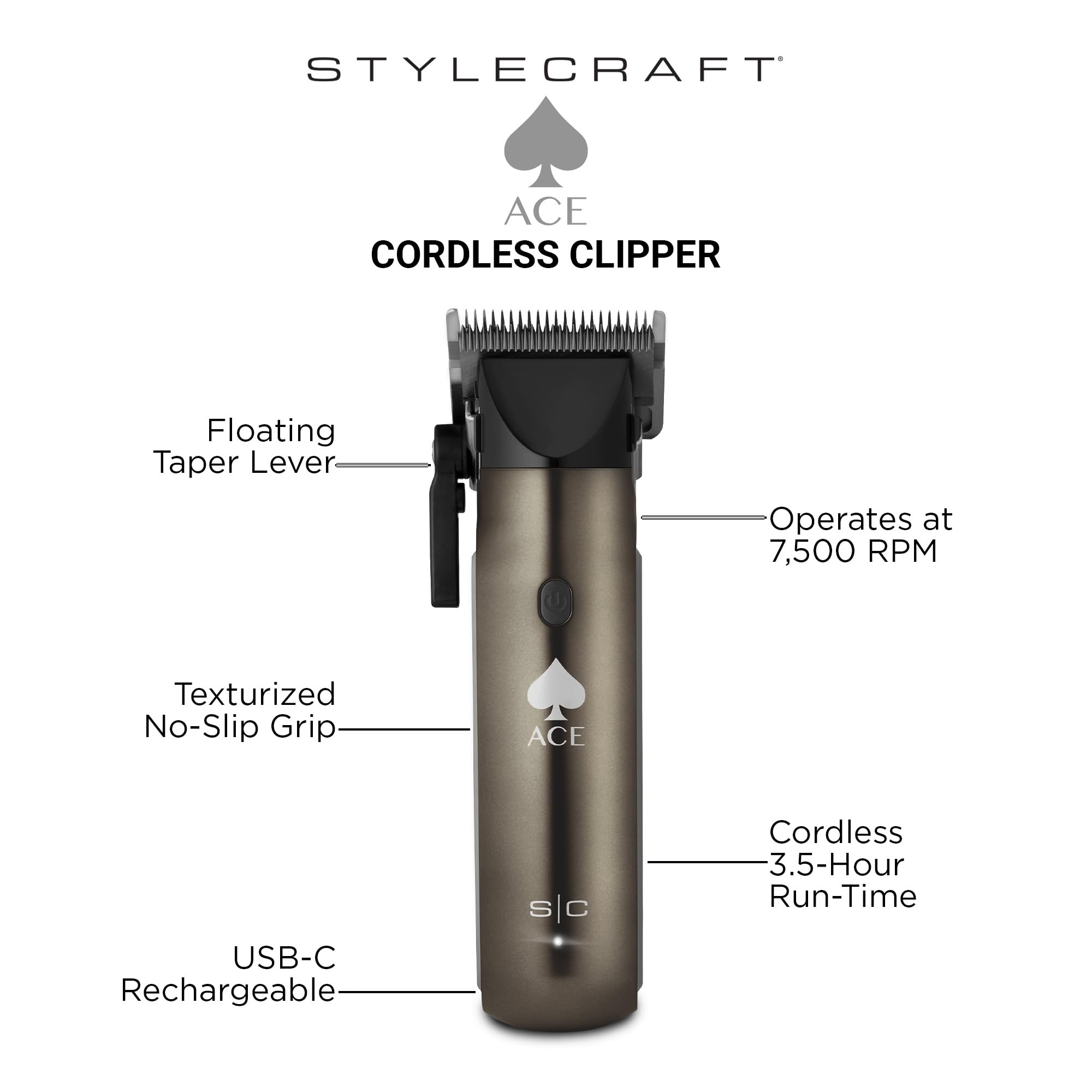Stylecraft Ace Cordless Hair Clipper for Men, Single Foil Shaver with Integrated Trimmer, USB-C Rechargeable, Lightweight Ergonomic Grip
