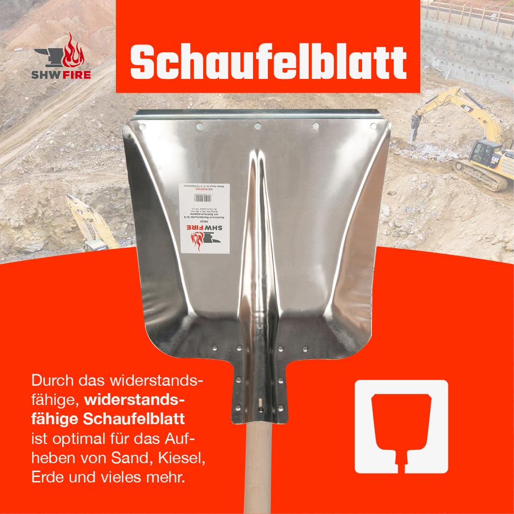 SHW-FIRE | Hallenser Alu Flachrandschaufel 130 cm Buchenholzstiel, 1,8 mm Aluminium, Stahlschutzkante, vielseitig für Garten, Hof, Futter & Schnee - Aluschaufel & Schippe | Made in Germany