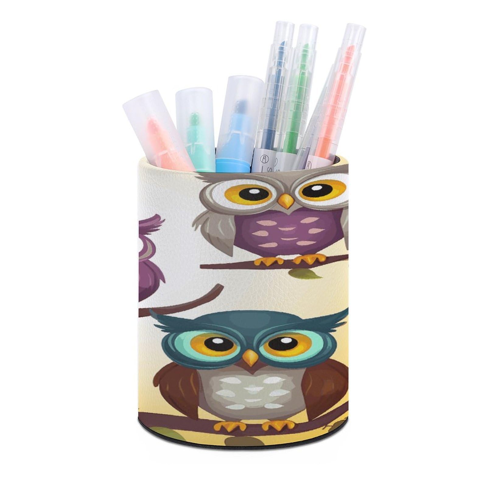 VstaDank Owls Birds Pen Holder Leather Pencil Cup Round Pencil Holder for Desk Organizer Personalized Pen Cup Fashion Pen Organizer Makeup Brush Holders for Office Home&Gift