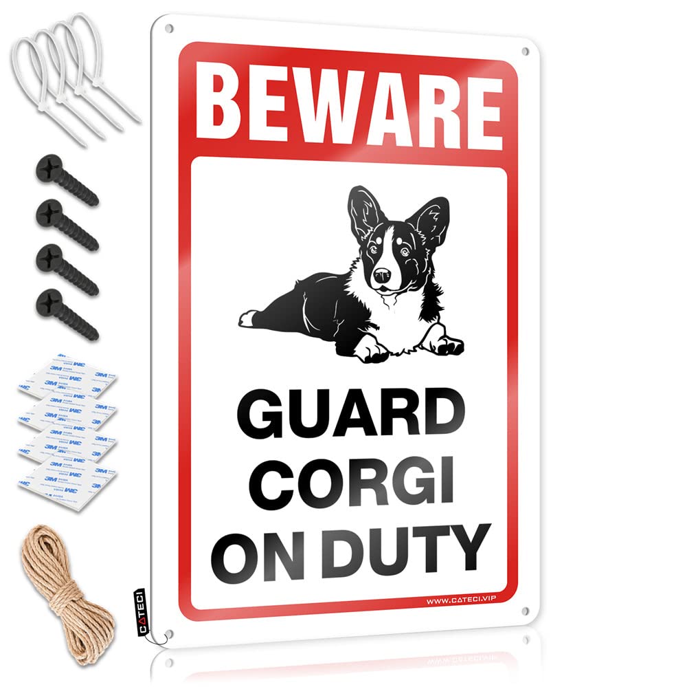 IBWNBBUSN Funny Sogns Beware! Guard Corgi On Duty Sign Funny Outdoor Signs Backyard Bar Sign(30X40CM)
