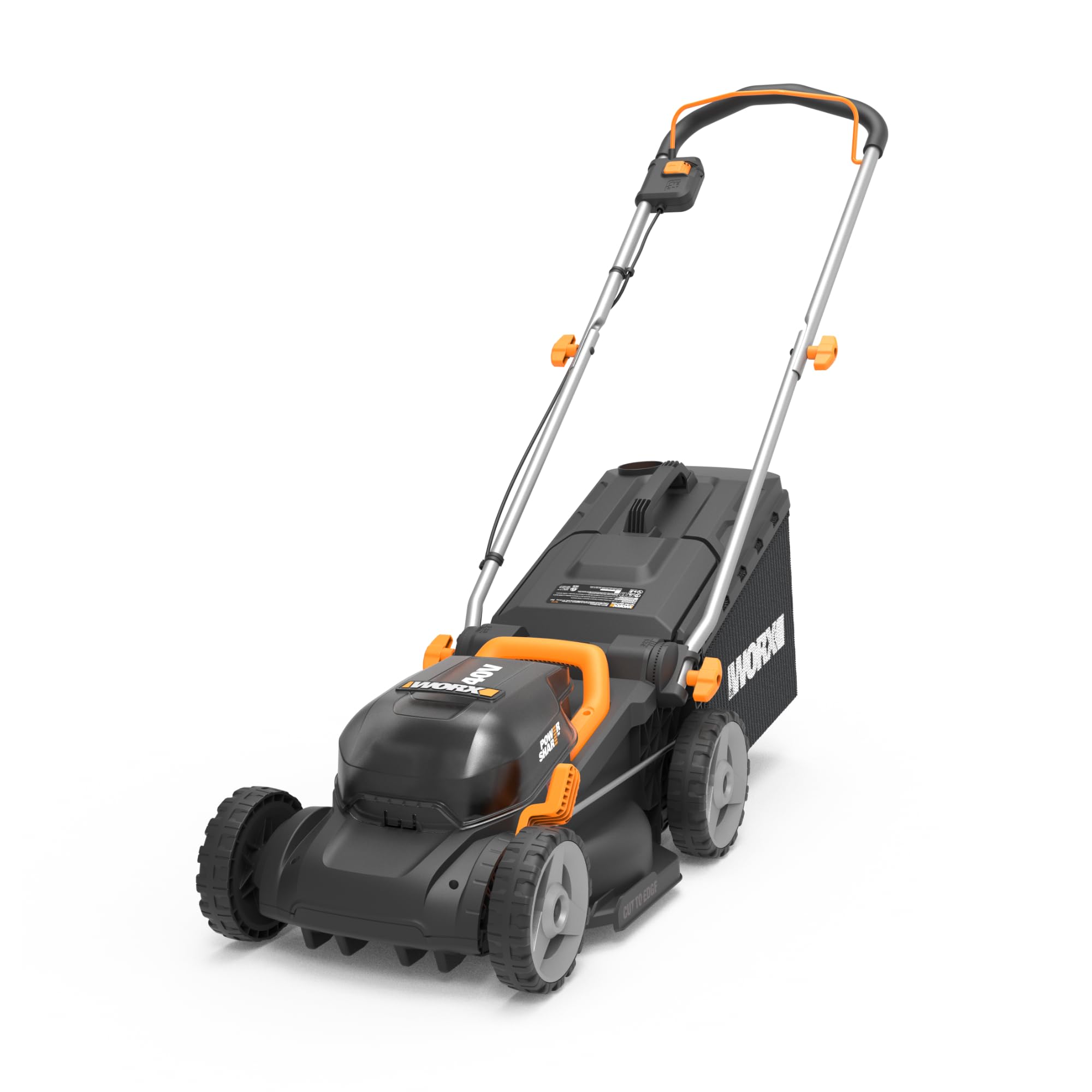 WORX WG735E Rasaerba a batteria 40 V, taglio 34 cm, motore brushless, altezza regolabile su 6 livelli da 20 a 75 mm, sacco 35 L, Cut-to-Edge, 2 batterie da 4 Ah e caricabatterie doppio inclusi