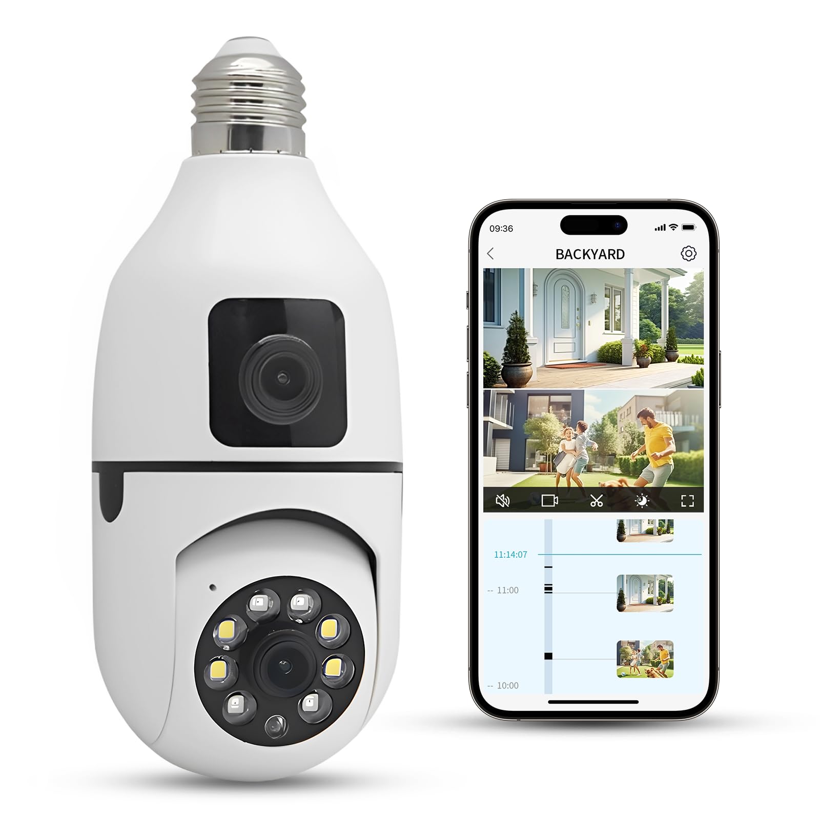 Cámara de Seguridad con Bombilla, cámara WiFi inalámbrica con Bombilla de Doble Lente, Enchufe de luz E27 de 355 Grados con, Seguimiento de Movimiento, visión Nocturna para Seguridad del hogar