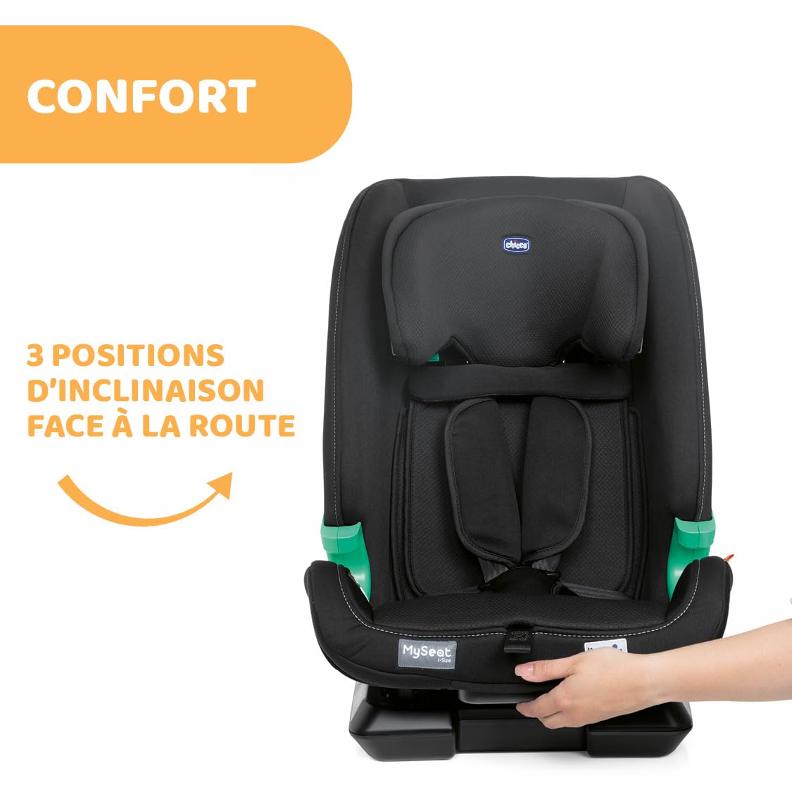 Chicco Fotelik samochodowy MySeat i-Size, łatwy montaż za pomocą złączy ISOFIX i Top Tether, odchylany, regulacja wysokości, zatwierdzony przez ECE R 129/03 (rozmiar I), 76-150 cm, od 15 miesięcy