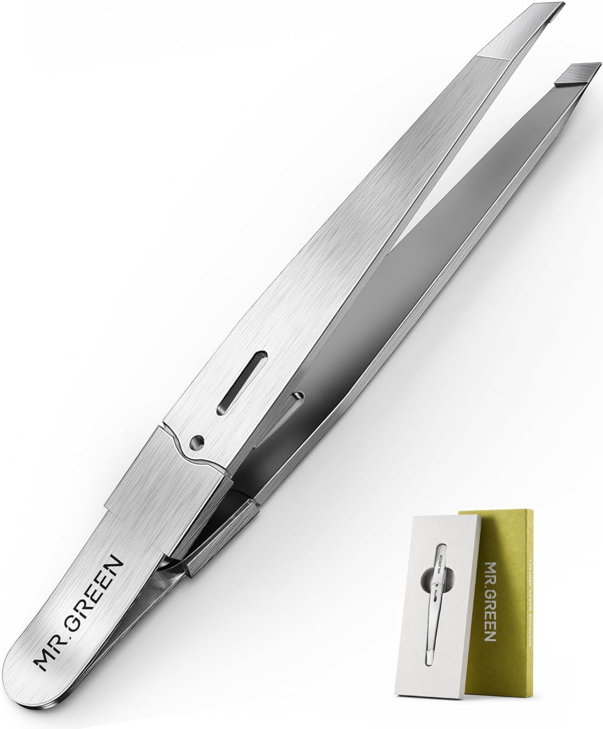 MR.GREEN Tweezers, Professional Precision Slant Tweezers for Women and Men, German Stainless Steel, Premium Facial Fine Hair Removal Eyebrow Tweezer Chin Plucker, with Gift-Ready Box