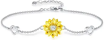 SNZM 925 Sterling Silver Sunflower Bracelet for Women Adjustable Heart Charm Bracelet Birthday Christmas Sunflower Jewelry Gifts for Women Daughter Girlfriend