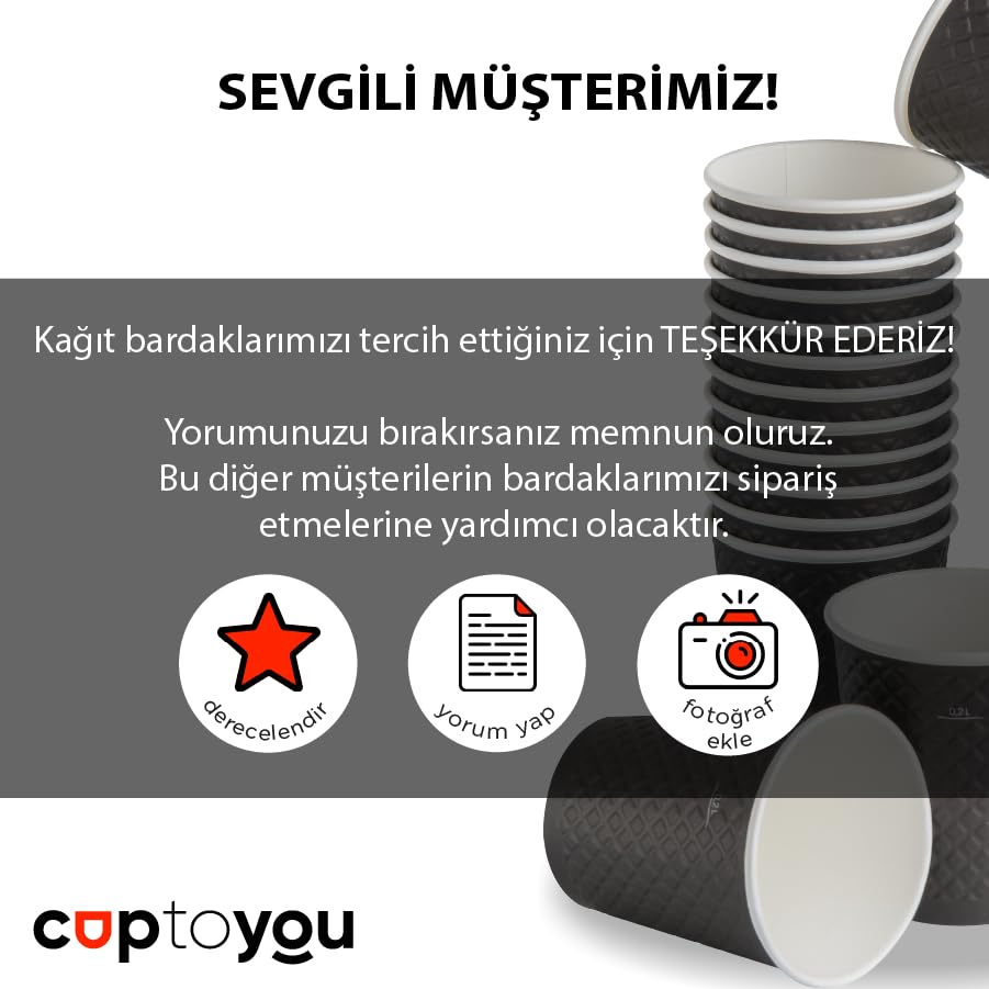 CUPTOYOU 25 adet siyah çift duvarlı kahve bardağı 8 oz, küçük kağıt çay bardakları 250 ml, soğuk ve sıcak içecekler, Waffle Siyah