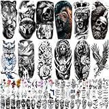 82 Sheets Temporary Tattoos Stickers, Fake Body Arm Chest Shoulder Tattoos for Men and Women, Halloween Temporary Tattoos Black Fake Skull Skeleton Tattoos for Halloween Cosplay