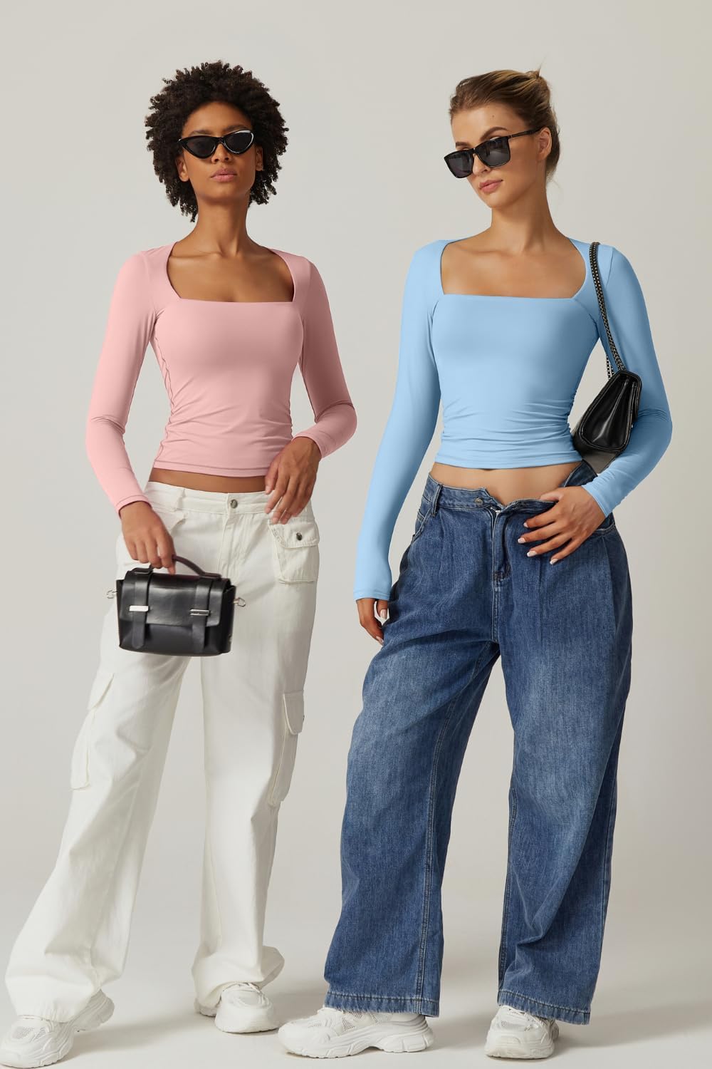 QINSEN Women's Sexy Square Neck Shirt Long Sleeve Double Lined Tees Fitted Going Out Tops - Image 6