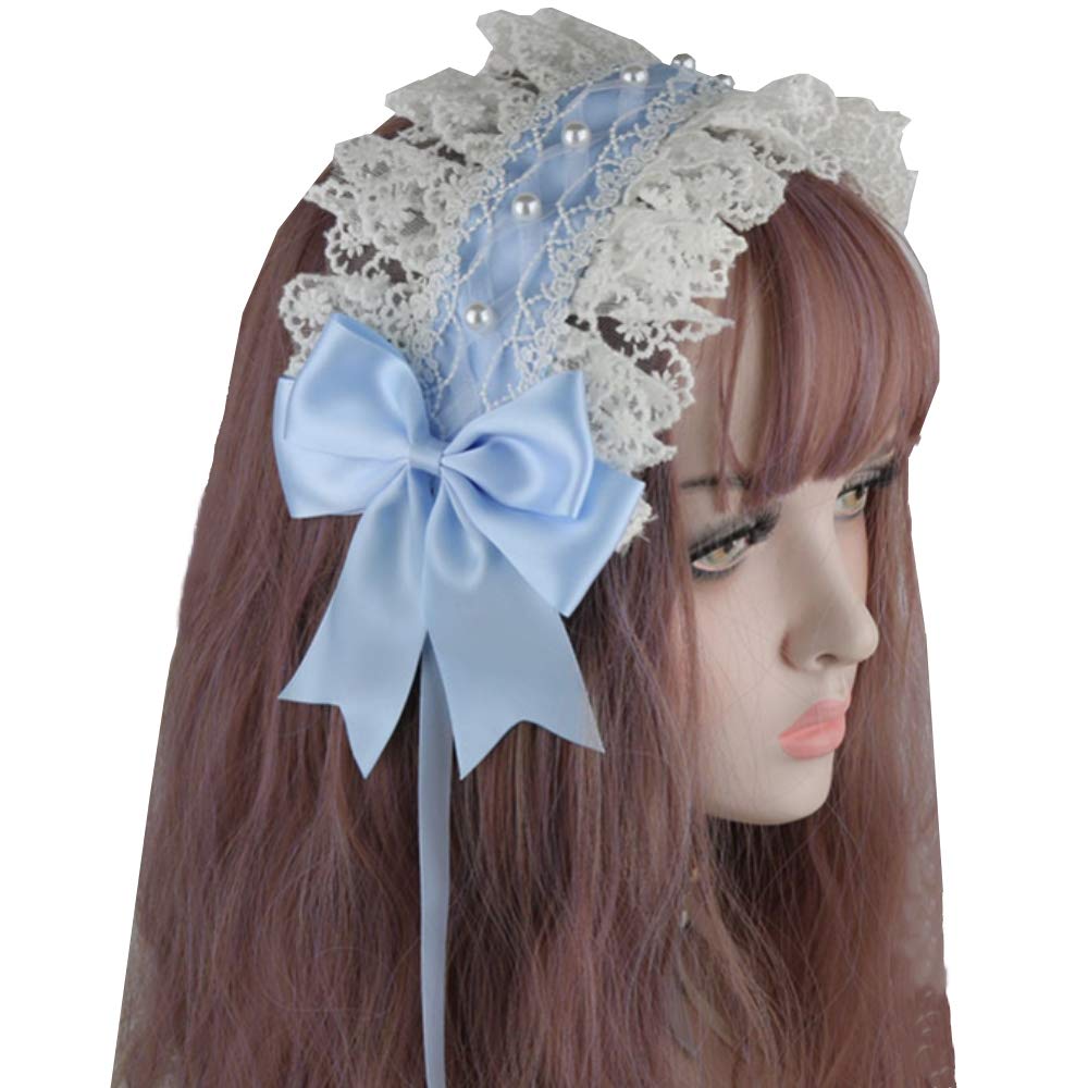 Women Girls Lolita Hearband Hair Hoop Maid Anime Cosplay Headwear Ribbon Bowknot Cute Hair Band Hair Accessory Blue1