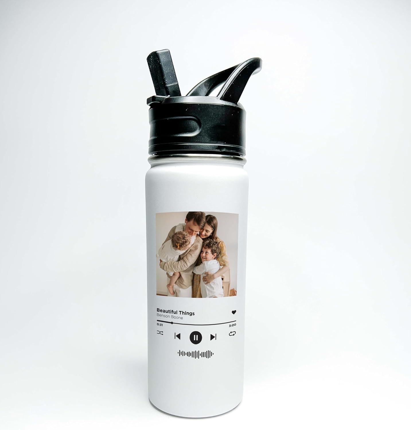 Personalized Photo Song Lyrics Music Album Cover Spotify Code Stainless Steel Sports Hydro Water Bottle, Vacuum-insulated, 18 ounce Size, Straw or Mouthtop Choice, Keeps Liquids Icy Cold!