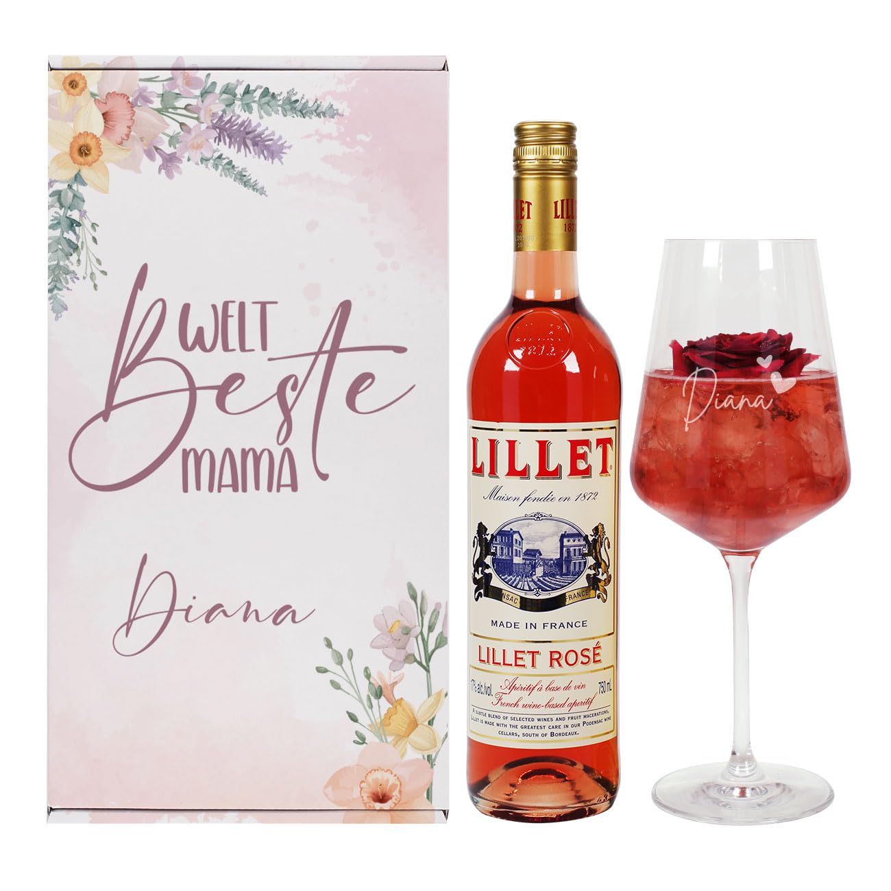 Herz & Heim® Geschenkset für die "Weltbeste Mama" mit graviertem Glas, Geschenkbox und Lillet (Rosé)