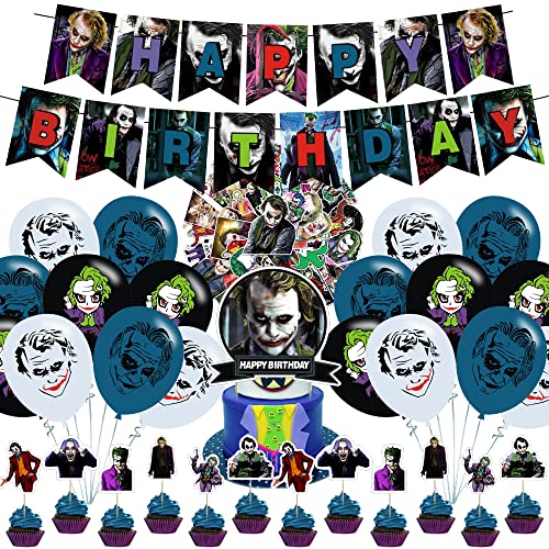 82 Pcs Joker Clown Theme Birthday Party Decorations,Party Supply Set for Kids with 1 Happy Birthday Banner Garland , 13 Cupcake Toppers,50 Stickers ,18 Balloons for Party Decorations