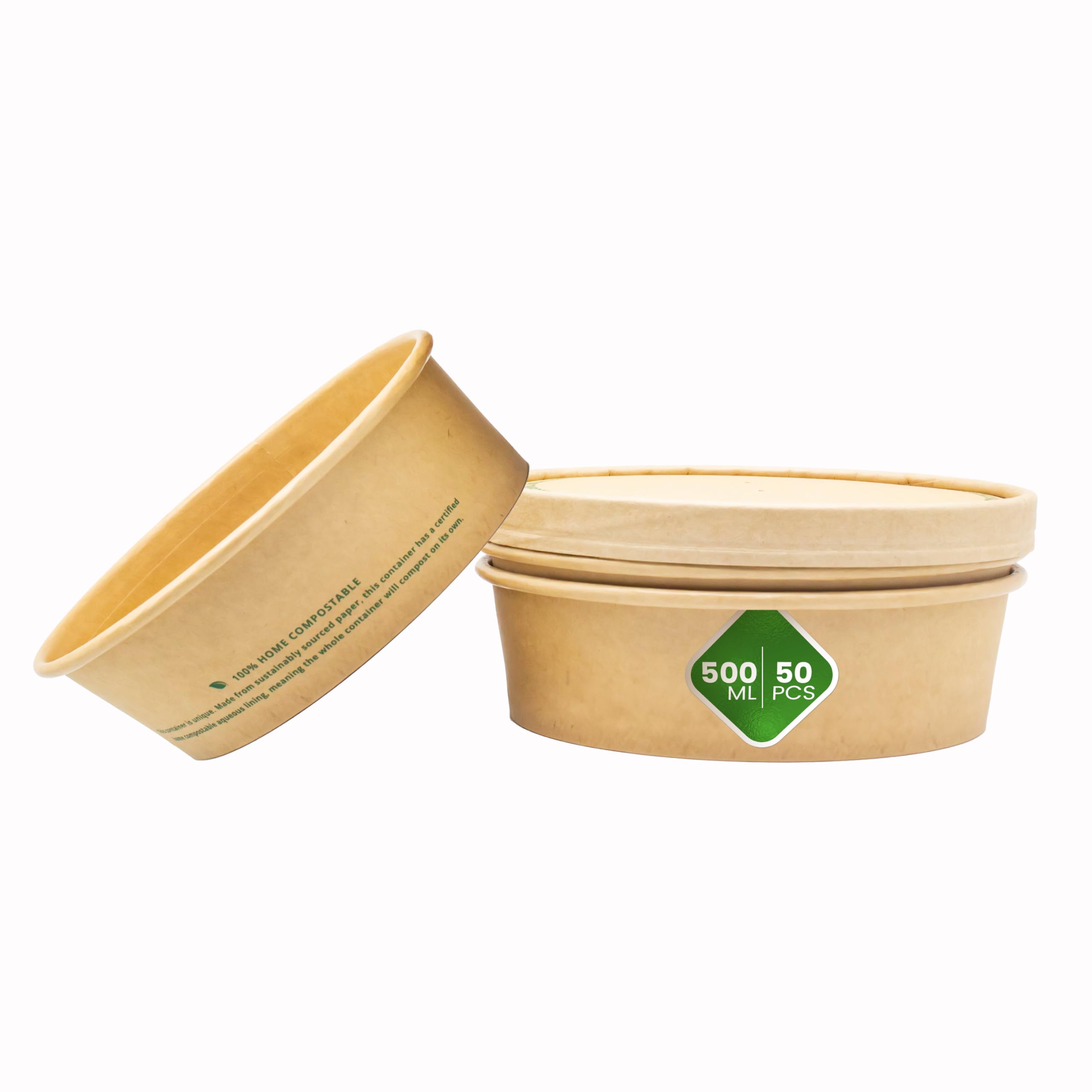 DISPOSABLE GREEN® |50 x 500ml Kraft Container Bowl with Kraft Lids |Unique Aqueous Lining Breakthrough Technology | Certified Home Compostable | Soup, Icecream, Takeaway
