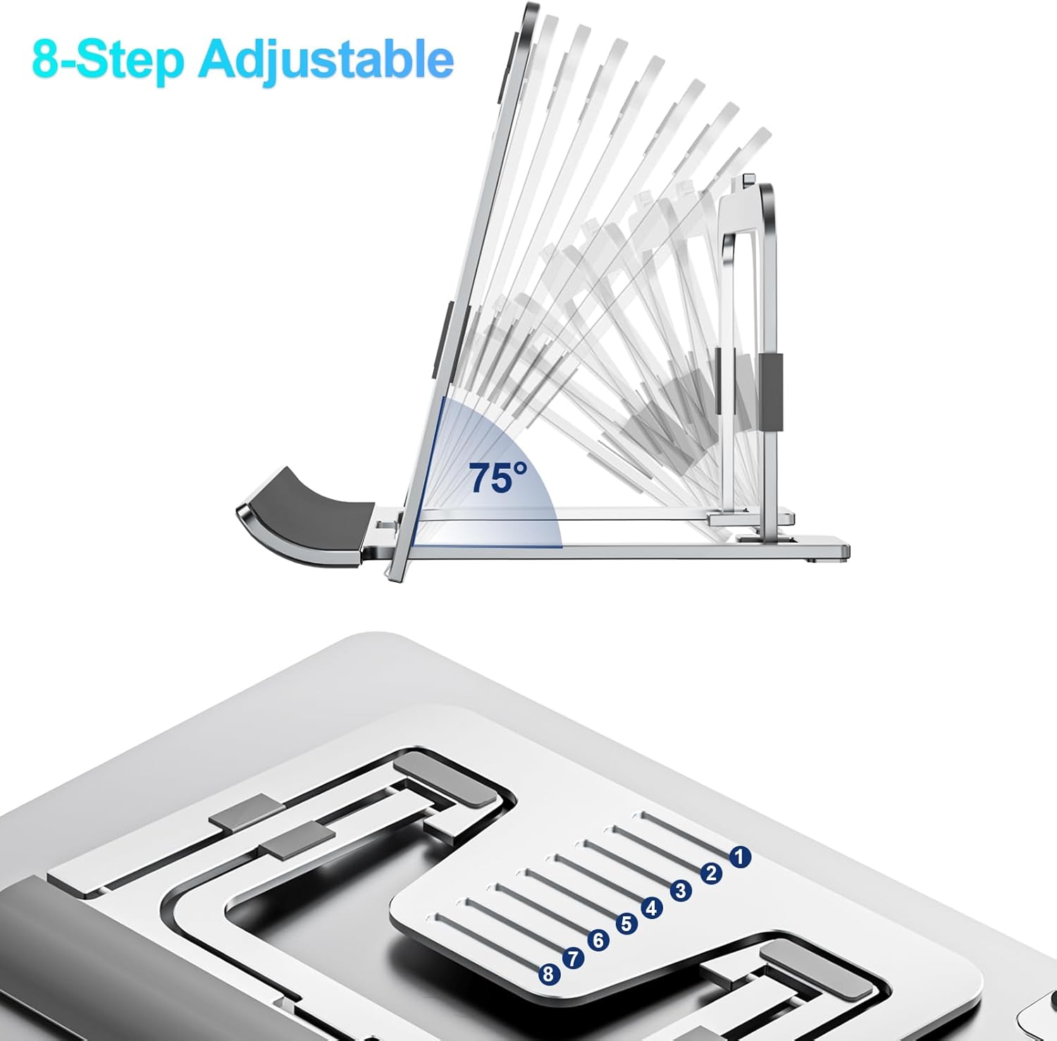 Tablet Stand Adjustable & Foldable, Slim Portable Aluminum Tablet Holder for Desk, Compatible with iPad Pro/Air/Mini, Samsung Tab, Surface Pro, Kindle Fire (7-13") (Silver)