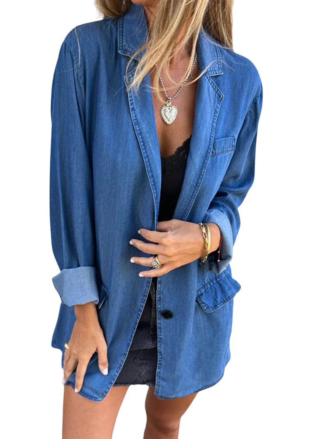 CHARTOU Women Denim Blazer Lightweight Work Office Loose Fit 1 Button Jacket