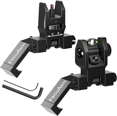 Focuaim T3 Fiber Optic Offset Iron Sight, Low Profile 45 Degree Front and Rear Backup Sights with Green Red Dot for Picatinny Mount, Spring-Loaded