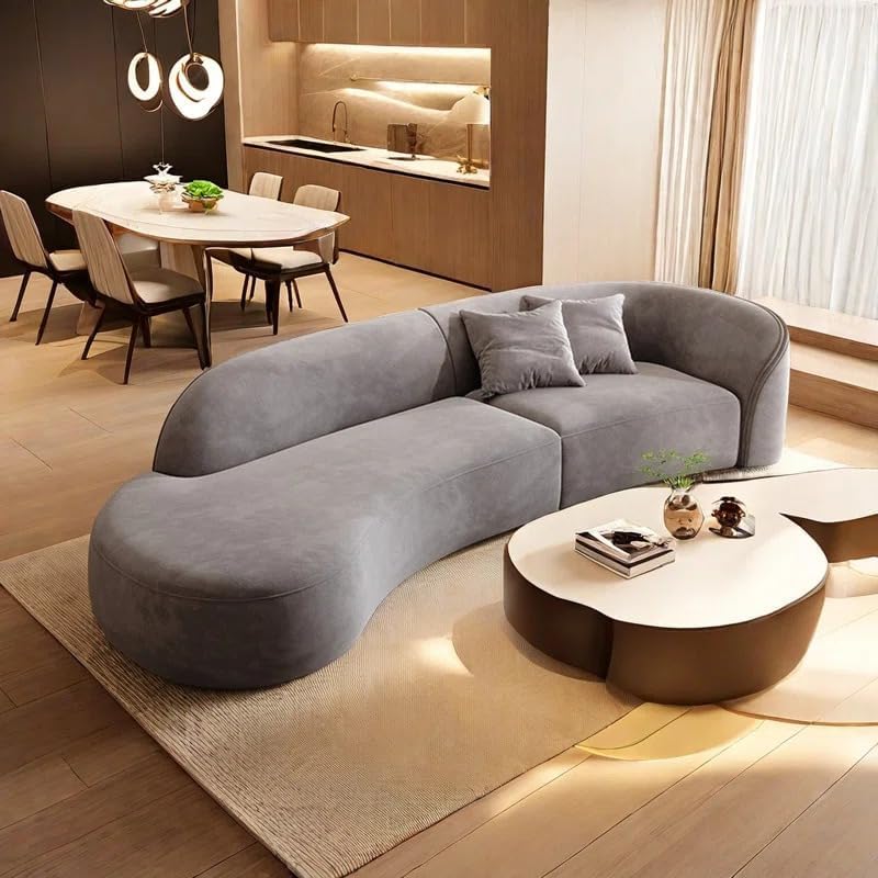 Image of Modern Futuristic J- Style Curved Velvet Sofa, Sectional Sofa Round Arm with Soft Pillow for Living Room, Bedroom, Hallways (Grey)