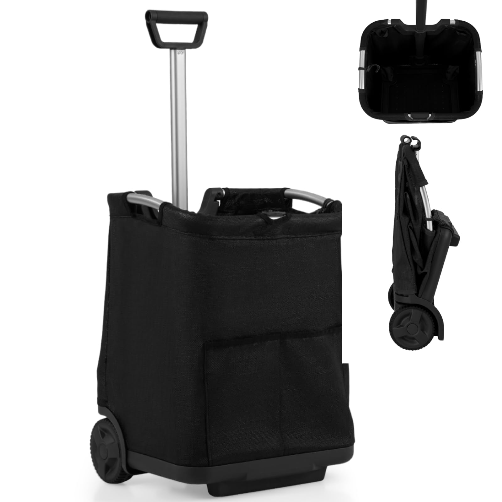 TANGZON Folding Shopping Trolley, 50L Large Lightweight Shopping Cart with 3 Pockets, Adjustable Handle & Wheels, Aluminium Frame Push/Pull Utility Carts for Supermarket Grocery (Black)