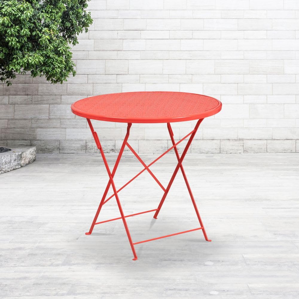 Flash Furniture Oia Klappbarer Terrassentisch aus Stahl für drinnen und draußen, 76,2 cm, rund, Korallenrot