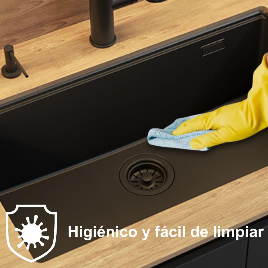 QUADRON Fregadero de un seno Fregadero de granito cocina | tamaño 70 x 37 x 23,5 cm Color: Topo suave y acero | Fregadero LOGAN 110 | Fregadero bajo encimera Base de armario a partir de 80 cm