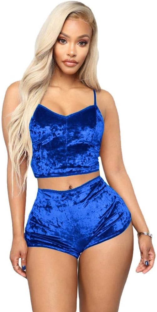 AWIBMK Women's Velvet 2 Piece Outfit Spaghetti Strap Sleeveless Crop Top Camisole and Shorts Pajamas Set Sleepwear Nightwear