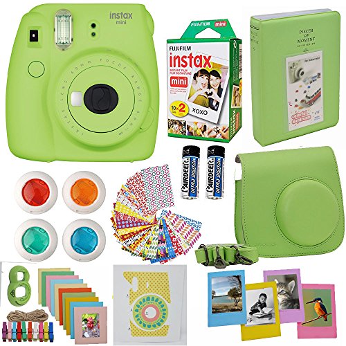 Fujifilm Instax Mini 9 Instant Camera Lime Green + Fuji Instax Film Twin Pack (20PK) + Camera Case + Frames + Photo Album + 4 Color Filters and More Top Accessories Bundle