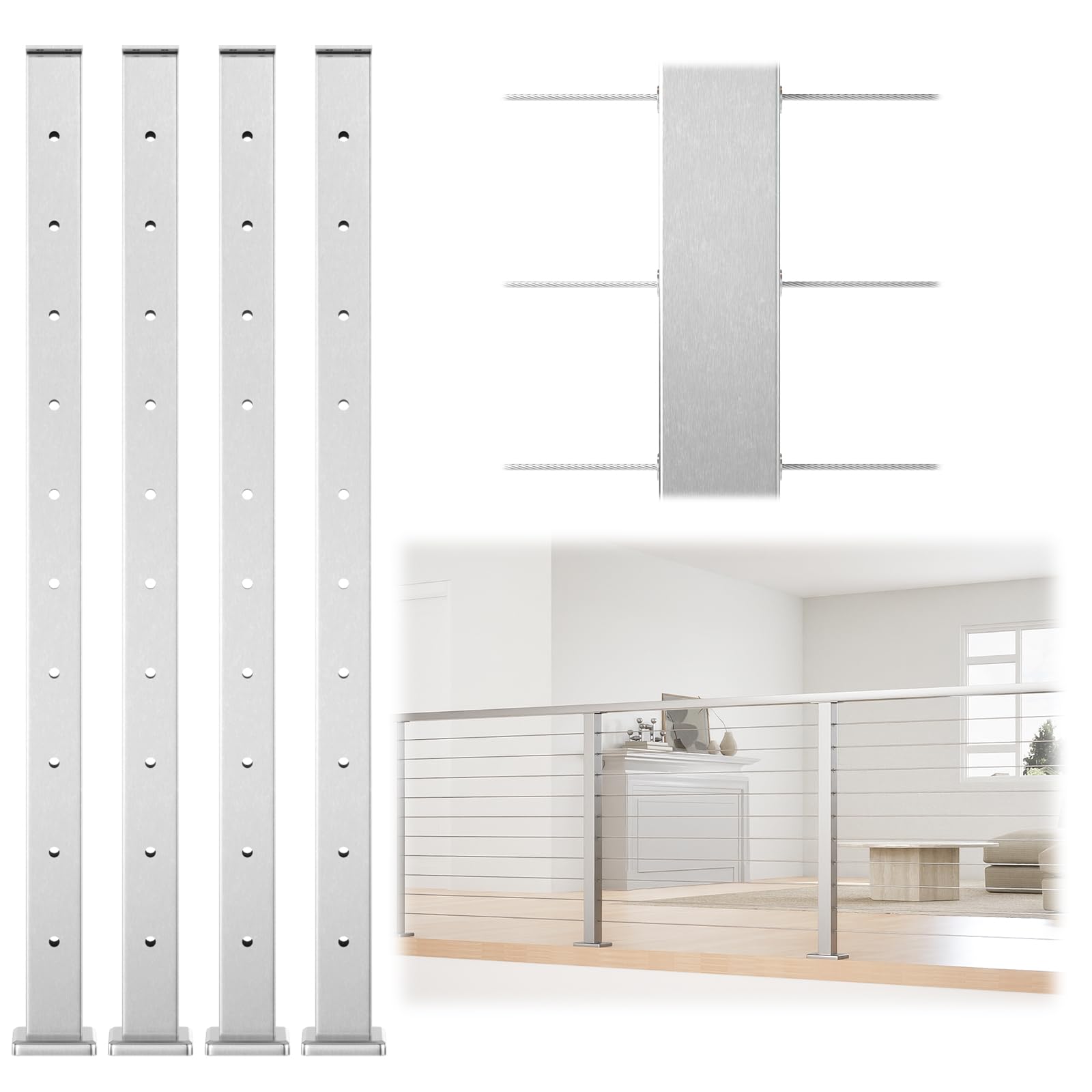Photo 1 of Muzata 4Pack Cable Railing Post 36 Inch 36"x2"x2" Level Drilled Surface Mount Brushed T304 Stainless Steel Cable Railing System Kit Indoor Outdoor with Paper User Guide PS02 LH4S