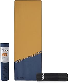 Fitness Mantra® TPE 8mm Cross Color Anti-Slip Yoga Mat with Cover Bag for Gym Workout and Yoga Exercise for Men & Women Fitness| 1 Piece| With Cover Bag| Thickness 8mm| Navy + Golden|
