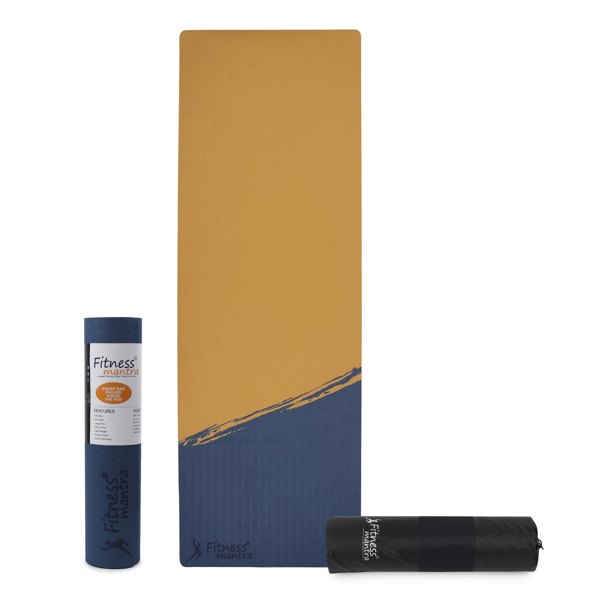 Fitness Mantra® TPE 8mm Cross Color Anti-Slip Yoga Mat with Cover Bag for Gym Workout and Yoga Exercise for Men & Women Fitness| 1 Piece| With Cover Bag| Thickness 8mm| Navy + Golden|