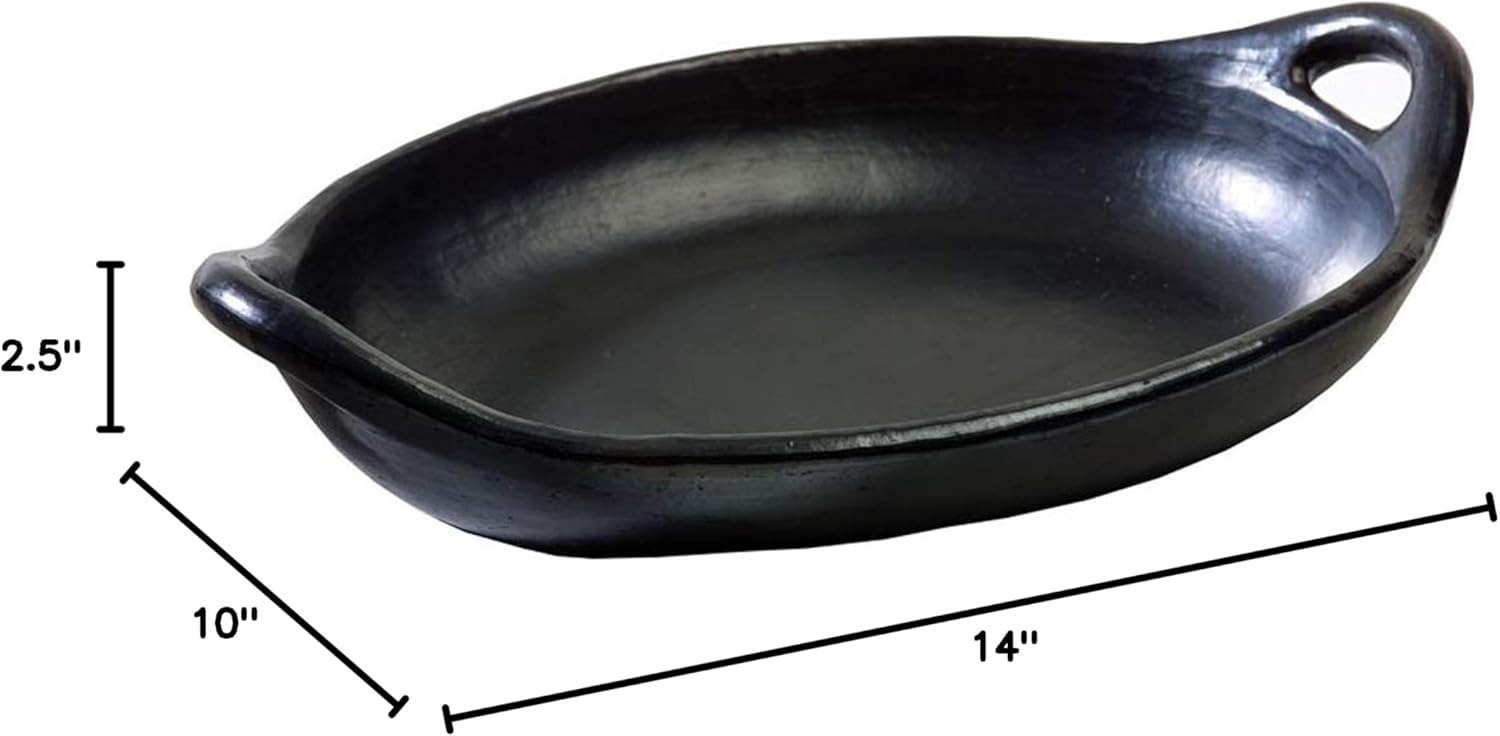 Authentic Chamba Oval Platter with Handles - Elegant, All-Natural Black Clay Roasting Pan for Baking, Roasting and Serving - Stovetop & Oven Safe – Handmade in Colombia – 14 Inches Long