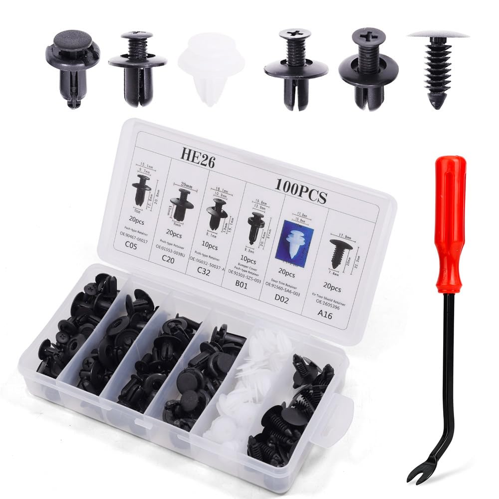 100 PCS Bumper Retainer Clips Car Rivets Fasteners Retainer Kit and 1 Fastener Removers Most Popular Sizes Auto Push Pin Rivets Set -Door Trim Panel