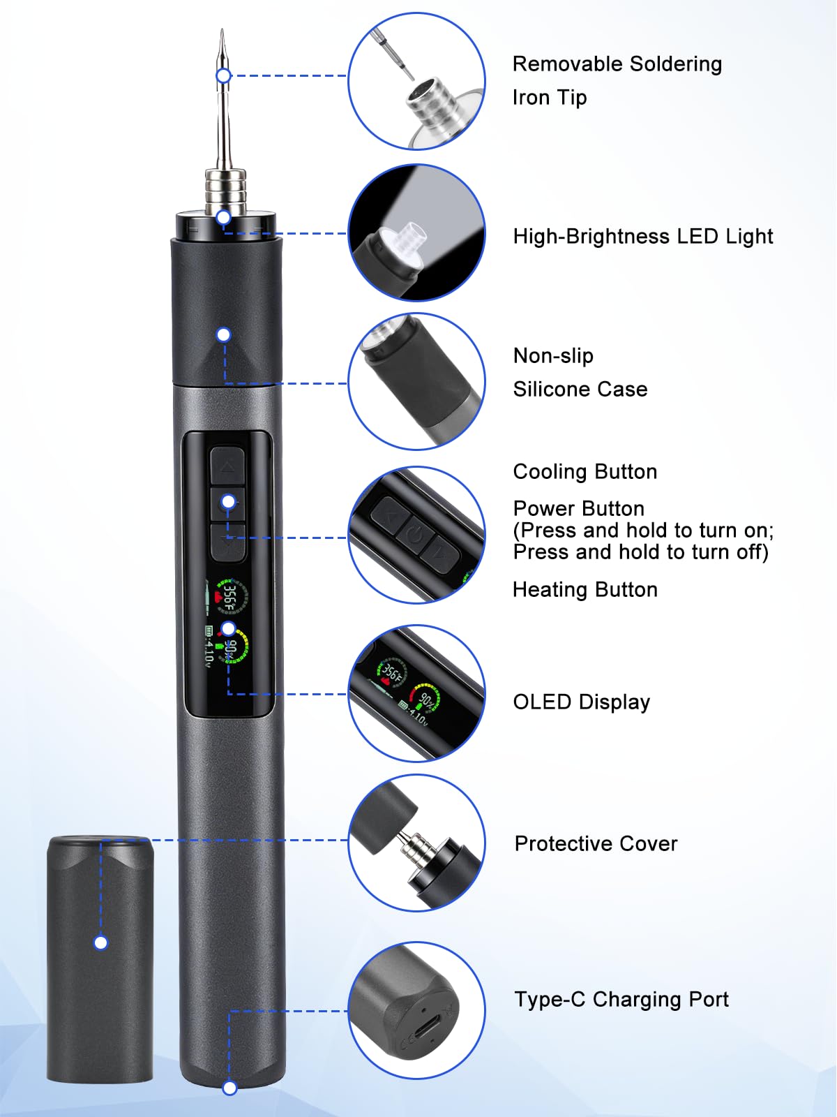 Juego Soldador con Batería de 1900 mAh, Soldador Inteligente de 75 W con Pantalla LCD de 180 – 480 °C, Carga Rápida USB-C, Luz LED Integrada, 3 Puntas de Soldador, Juego de Soldadura