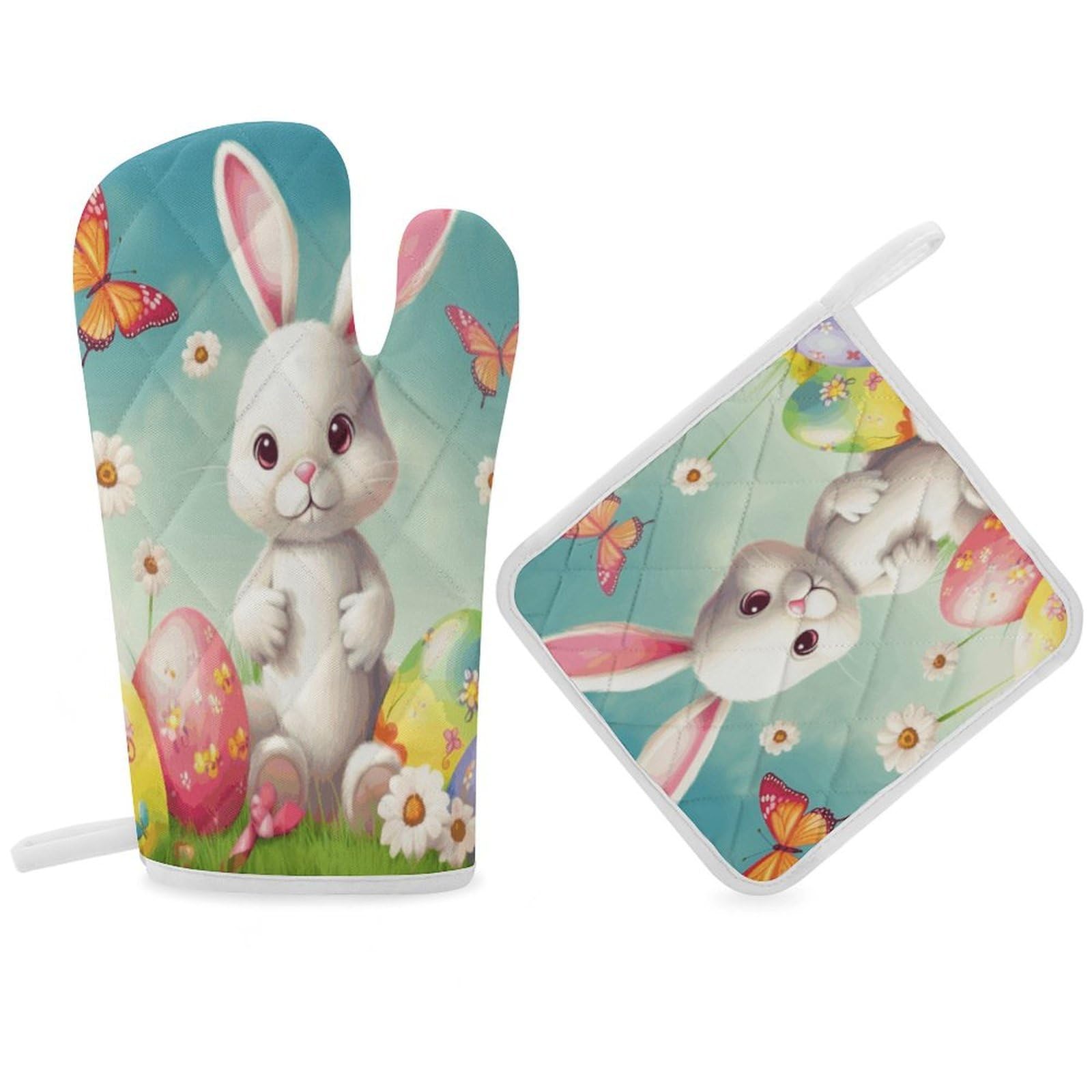 Fodpand Women's Style Easter Bunny With Eggs And Spring Butterfly Oven Mitts And Pot Holders Sets,Oven Gloves For Kitchen Oven Mitts And Potholders For Baking Cooking Grilling Apartment Essentials