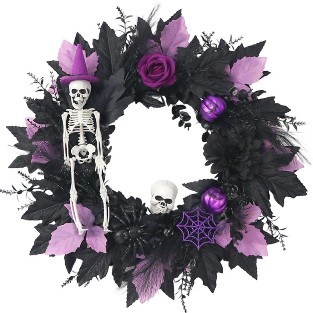 Sanfly Halloween Front Door Wreath Purple Rose Skull Hanging Festive Garland for Halloween Haunted House Party Decoration
