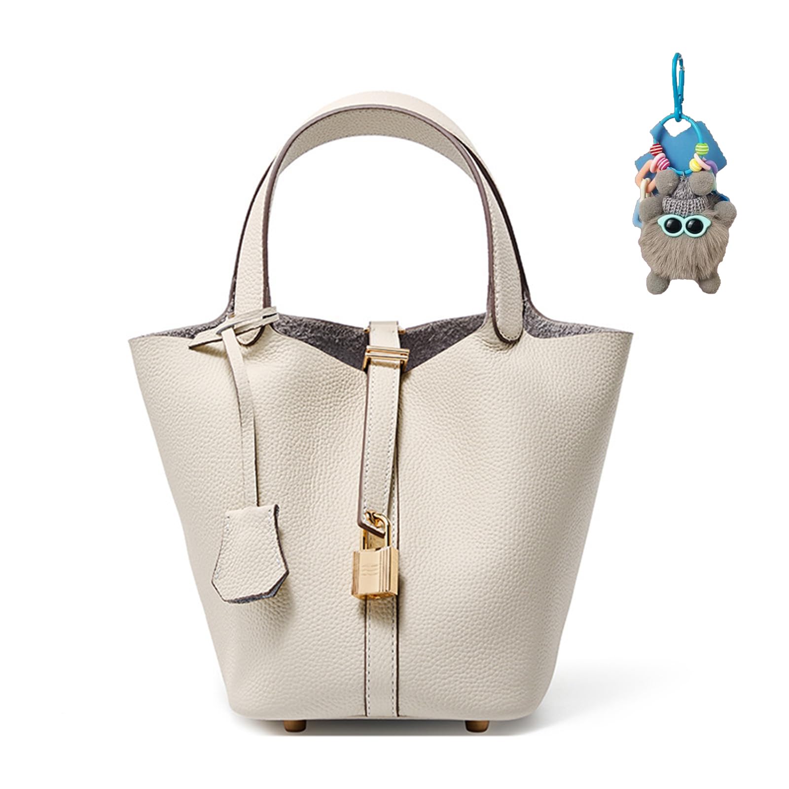 Genuine Leather Bucket Bag With Lock Design – 7.5x6.7x7.1 Inches, Shoulder & Handbag, Vintage Satchel Style, Vegetable Tanned