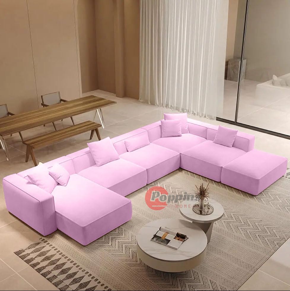 Luxurious Nordic U-Shape Majlis 7-Seater Sofa Set Premium Velvet Fabric Spacious Corner Sectional Design (Baby Pink, RIGHT BED)